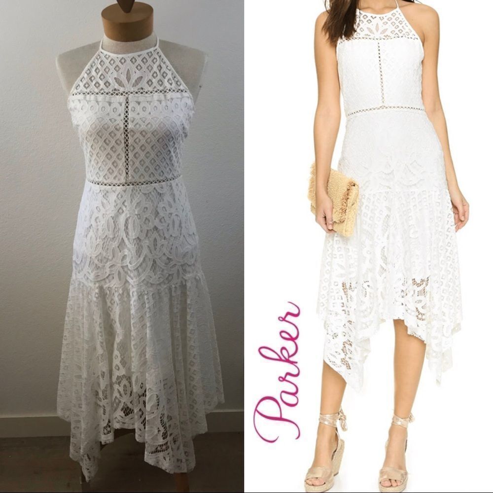 Parker Size M Talum Halter Neck Lace Dress White Asymmetrical Hem Bridal Shower